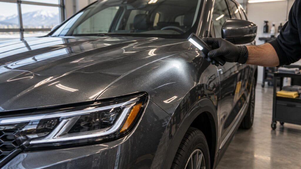 Gloved technician shines an inspection light across the hood and front fender of a dark gray SUV inside an auto detailing shop.