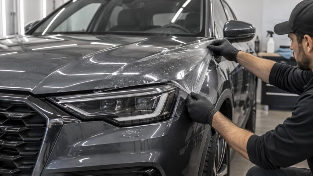 Technician wearing black gloves stretches a clear paint-protection film sheet across the front fender and headlight of a dark gray SUV in a bright auto-detailing shop.