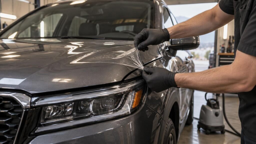 Gloved technician peeling a clear paint protection film section from the front hood edge and fender area of a dark gray SUV inside a workshop.