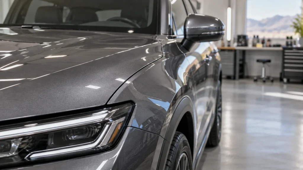 Close view of the front-left corner of a dark gray SUV in a bright detailing shop, showing the hood, headlight, fender, side mirror, and glossy reflections across the paint.