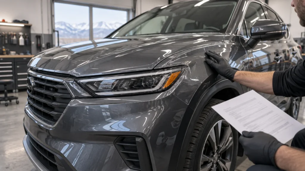 Close view of a gray SUV in a bright detailing workshop as a gloved technician smooths clear protective film over the front fender while holding a printed sheet; snowy mountains are visible through a window.