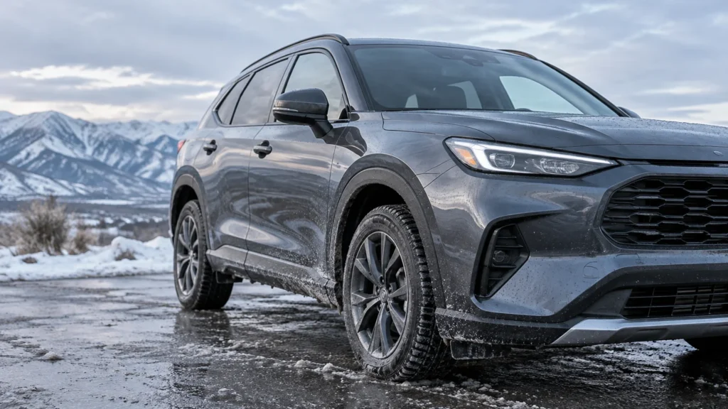 Gray SUV with road grime and wet salt spray along its lower panels, parked on a slushy mountain road with snow-covered peaks behind it.