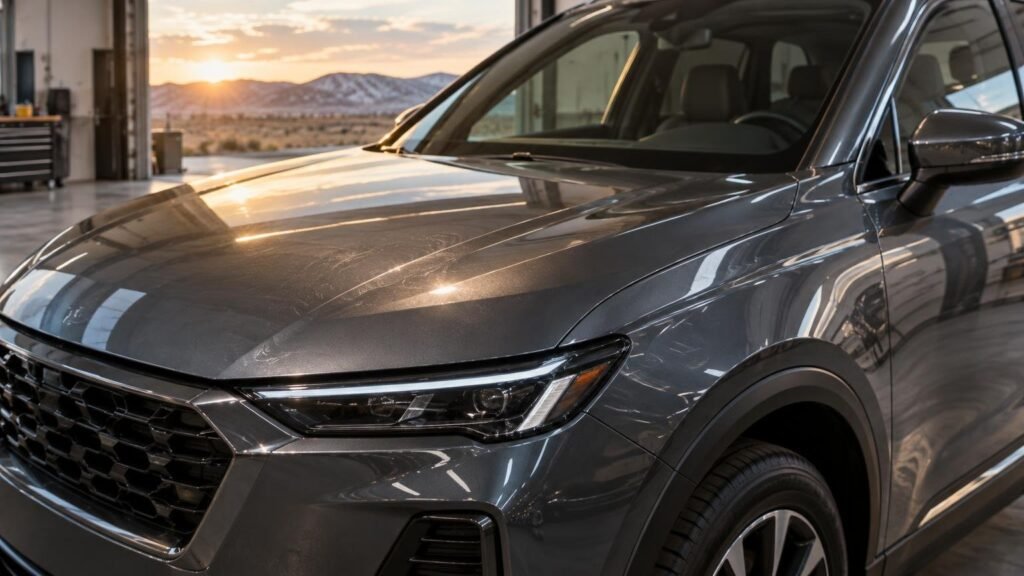 Close view of a dark gray SUV’s front hood, grille, headlight, fender, and side mirror in an open workshop at sunset, with light swirl marks visible across the hood and mountain scenery beyond the garage.