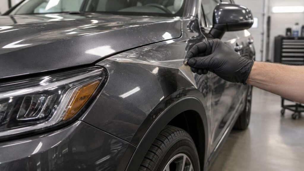 Close-up of a dark gray SUV in a workshop as a black-gloved hand peels clear paint protection film from the front fender beside the headlight and wheel arch.