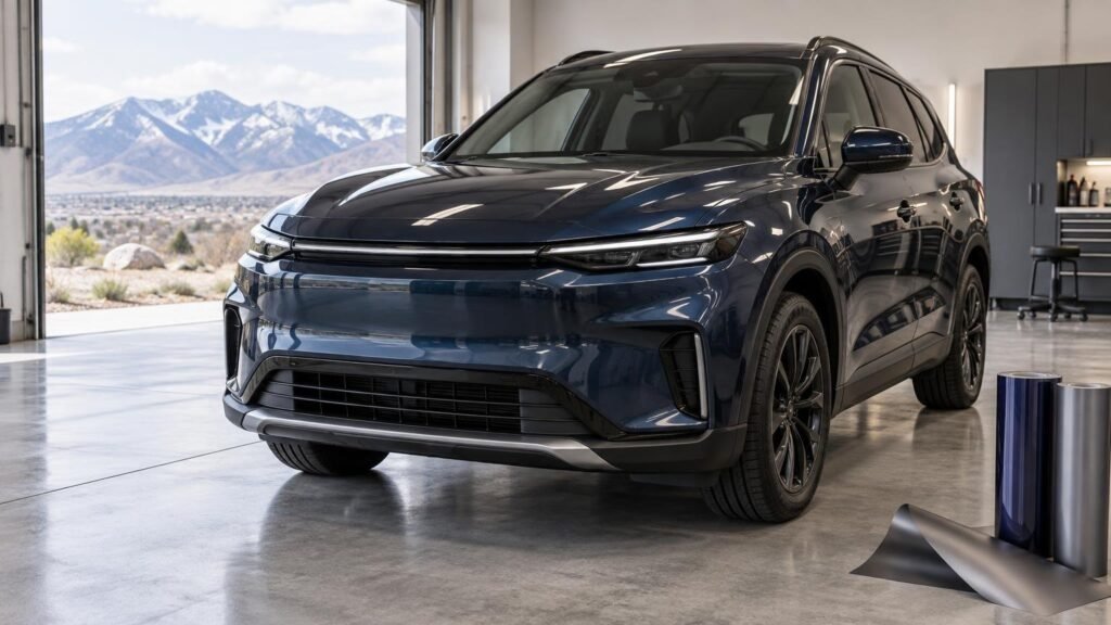 Dark blue midsize SUV in a clean detailing garage, with mountain scenery visible through the open bay door and rolls of blue, silver, and black film on the floor.