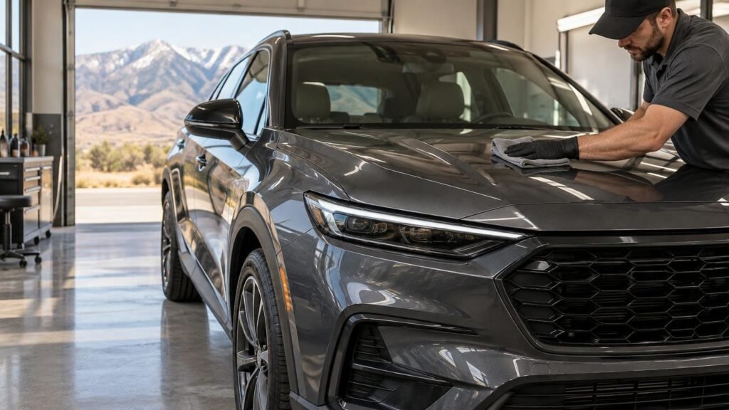 Technician in a black cap and gloves wipes the hood of a dark gray SUV inside a bright garage, with mountains visible through the open bay door.