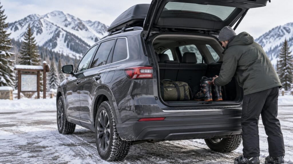 A person loads ski boots beside a duffel bag into the open rear hatch of a dark gray SUV with a roof box, parked on a snowy mountain road.